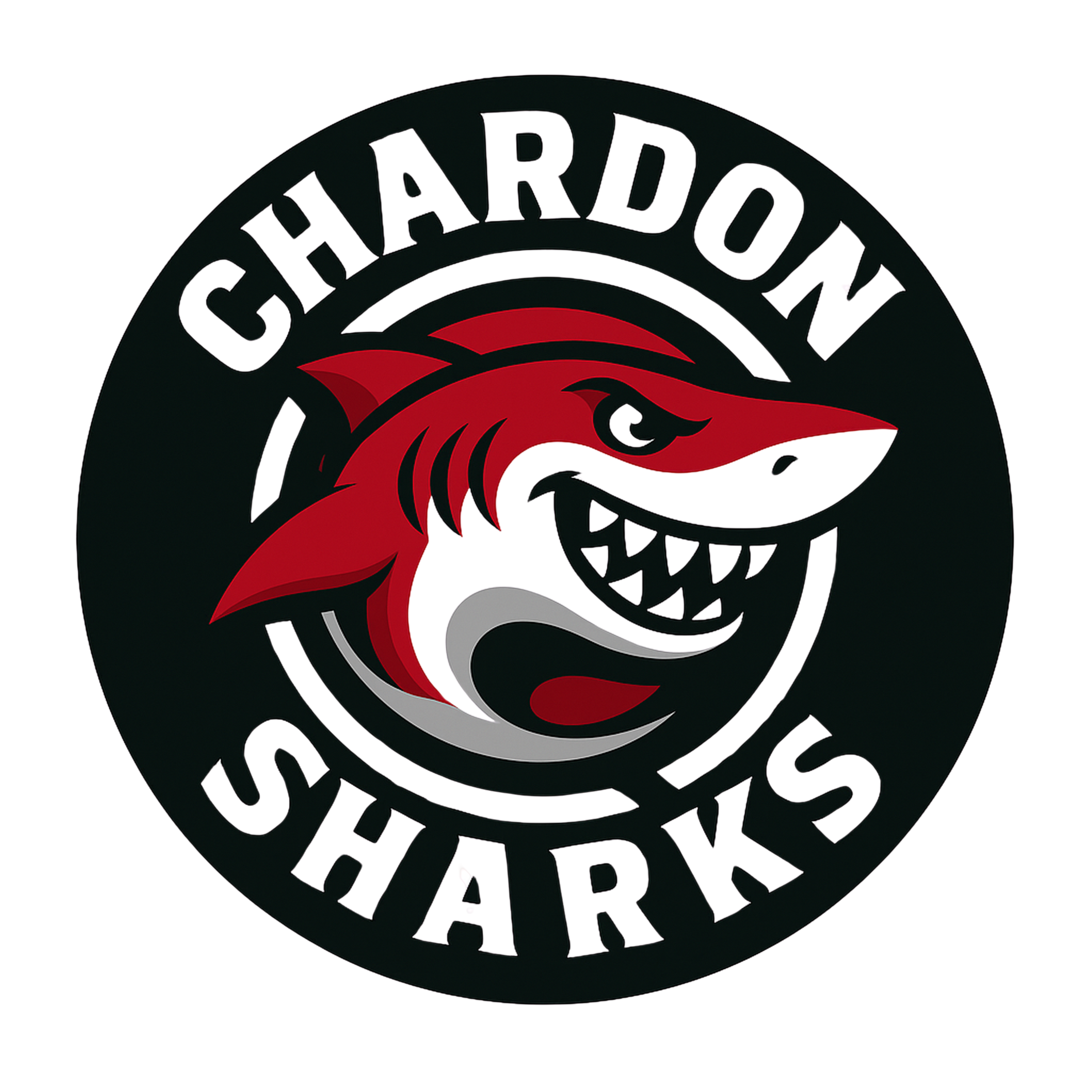 Chardon Sharks logo featuring a red shark on a black background.